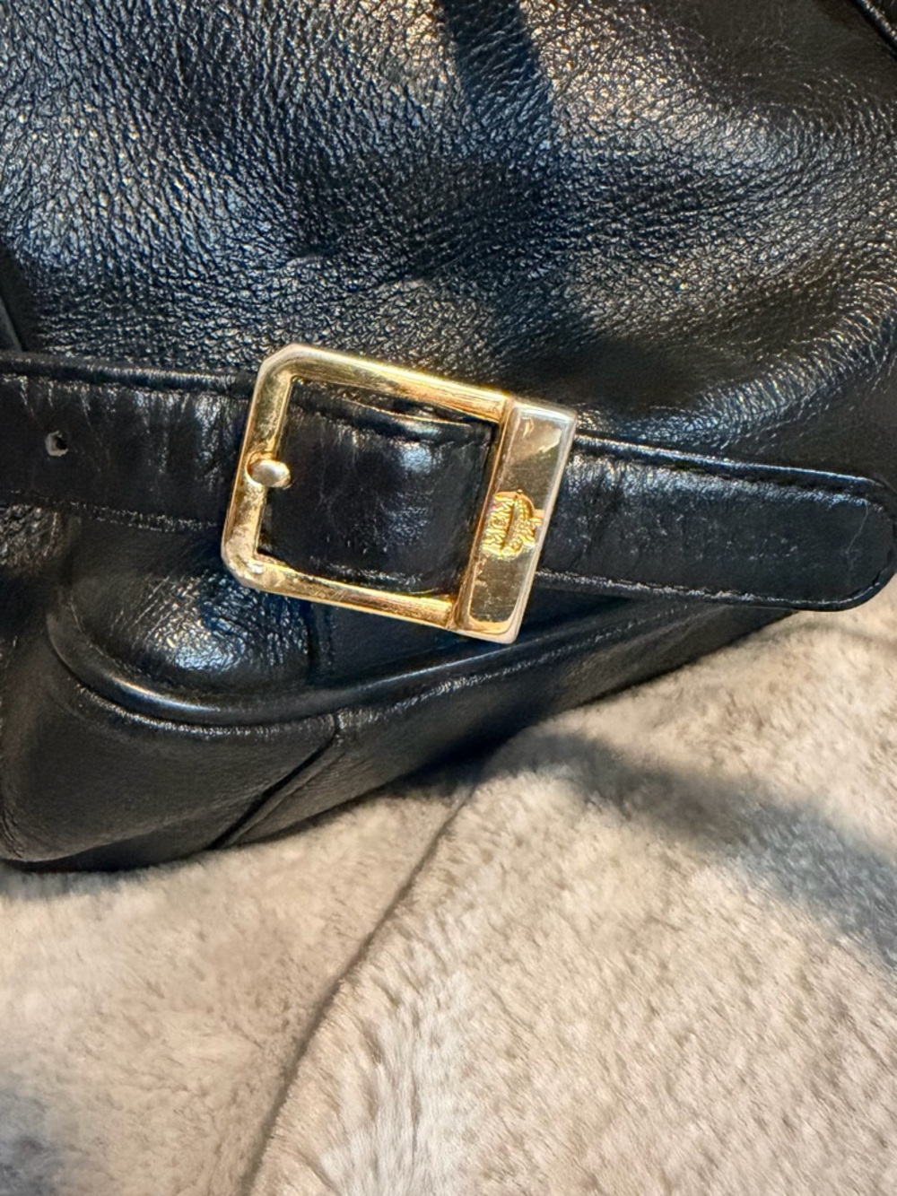 MCM Black Leather Backpack with Gold Logo Accents - Picture 6 of 11